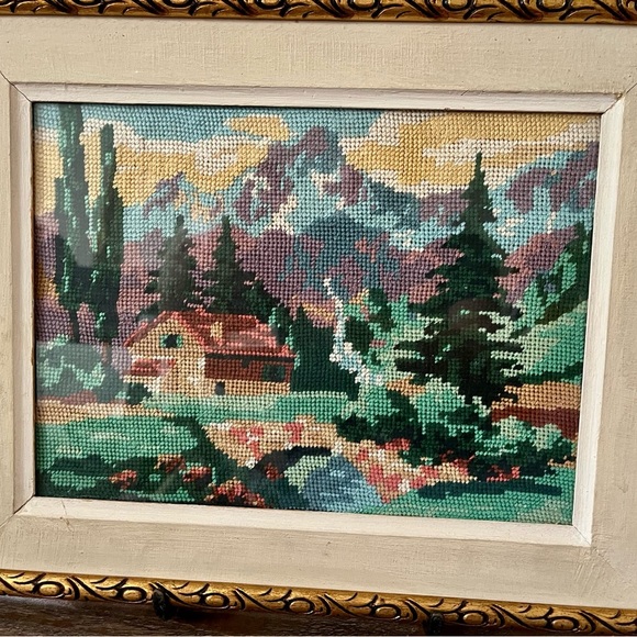 Vintage Landscape Embroidered Art in Gold Frame 12/15 inch - Picture 6 of 12